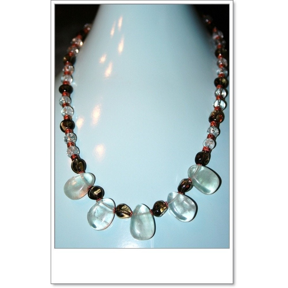 Hand made necklace Smokey quartz aquamarin beads spaced w/copper‎ round preppy